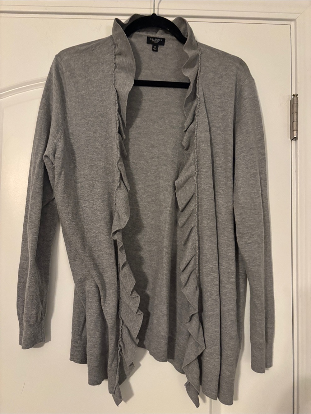 Talbots Light Gray Ruffle-Trim Open Front Cardigan
